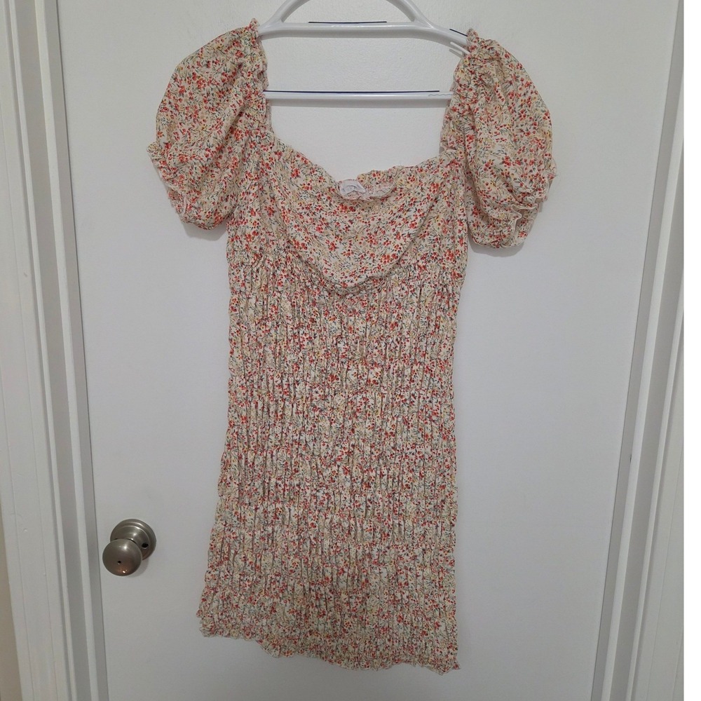 Storia Womens Floral Smocked Mini Dress Puff Sleeve Square Neck Cream Small